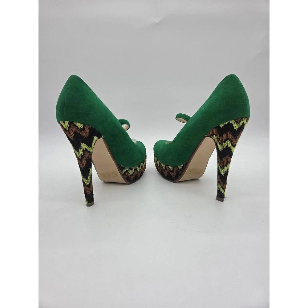 Modesta Mary Jane Platform Heels 6.5 Green Embroidered Zig‎ Zag Womens Pumps
